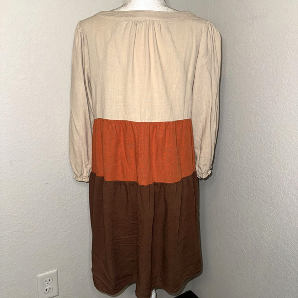 Umgee Tiered Dress Women’s 2XL Colorblock Linen Square Neck 3/4 Ruffle Sleeve - Picture 3 of 9